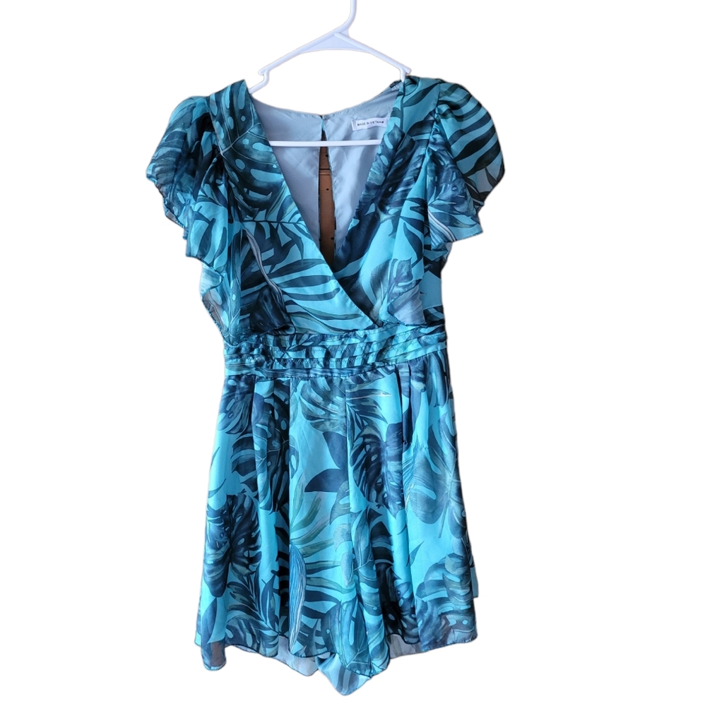 Green‎ blue floral tropical summer vacation dress romper medium